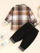 Dress him up in style with this boy's casual plaid button-up shirt and ripped denim pants set—cool and comfy! -